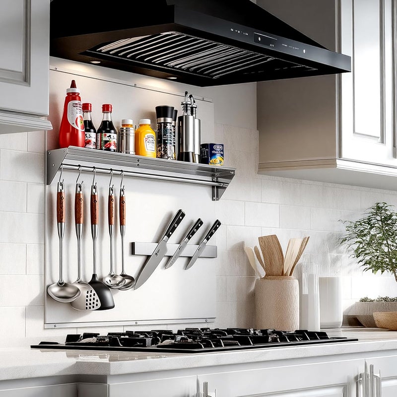 Wilprep Store Range Backsplash, 30"x30" Stainless Steel Backsplash with Storage Shelf & Magnetic Knife Rack, Range Hood Stainless Steel Backsplash for Stove, Range Hood Wall Shield with Pre-Drilled Holes - Image 2